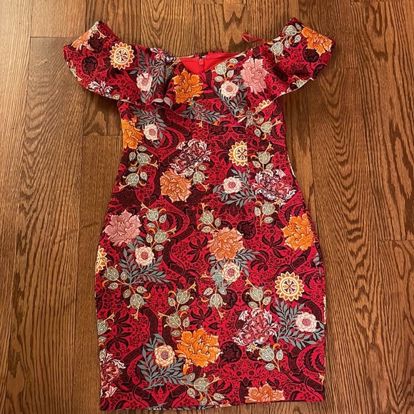 GUESS Red Elysian Floral Shaye OFF THE SHOULDER ruffle fitted SCUBA mini dress L - Picture 10 of 16